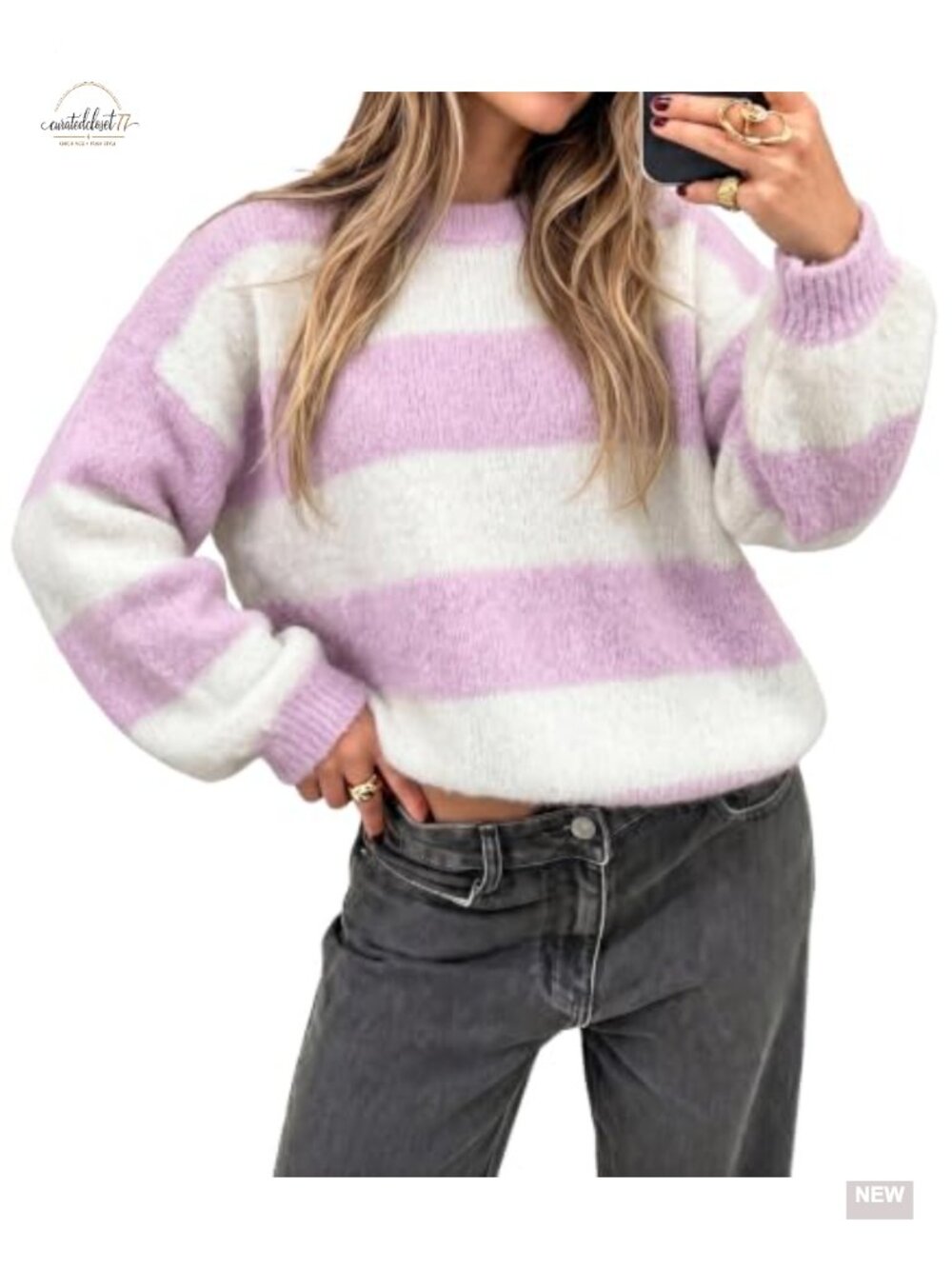 Fuzzy Knit Striped Oversized Sweater Lantern Sleeve Pullover